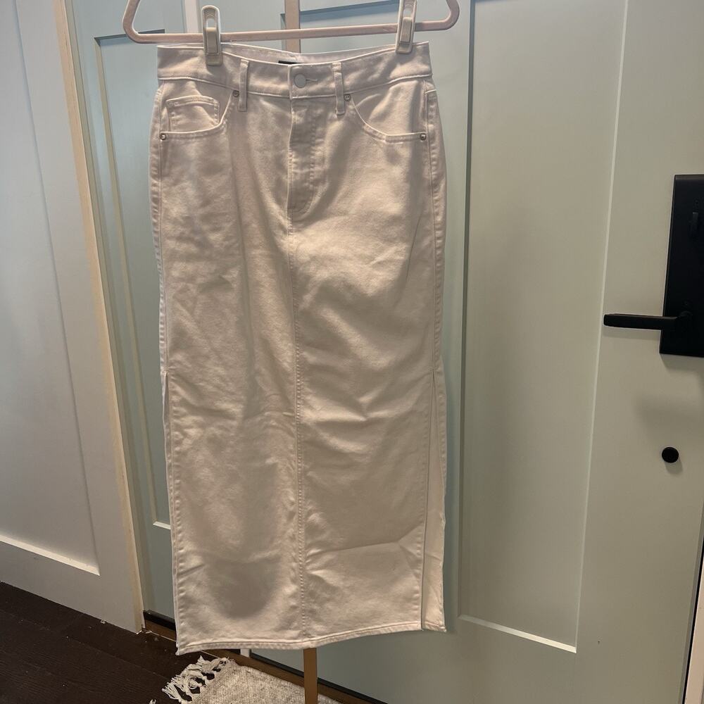 Express High Rise White Denim Maxi Skirt Size 4 Stretch Side Slits Long Jean Y2K